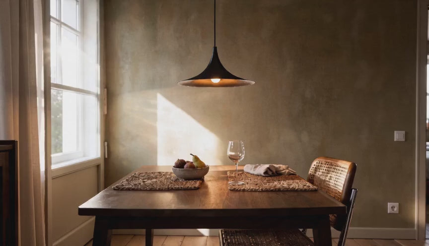 Cinematic video of a black trumpet dome pendant lamp glowing above a wooden dining table with fruit bowl and wine glass.