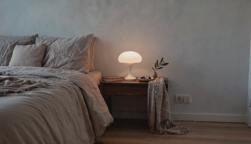 Cinematic bedroom video of a glowing mushroom table lamp on a wooden nightstand beside linen bedding and a draped throw.