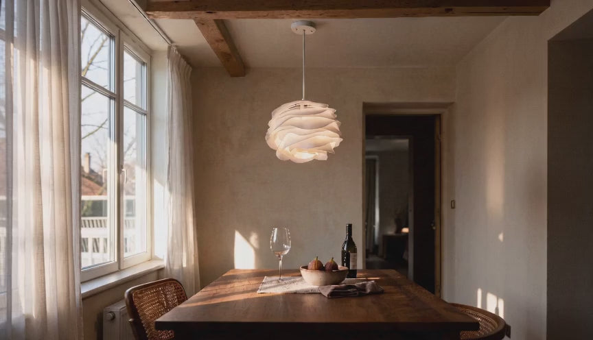 Cinematic video of a layered matte-white acrylic petal pendant lamp glowing above a wooden dining table near sunlit windows.