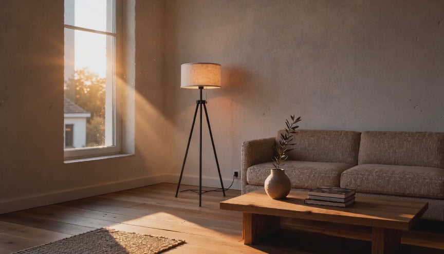 Cinematic video of a black tripod floor lamp with linen drum shade glowing in a sunlit living room beside a linen sofa.