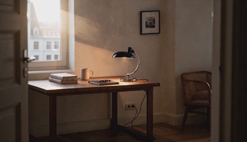 Cinematic video of a black Bauhaus dome table lamp on a wooden desk in a sunlit bedroom with a cane chair nearby.
