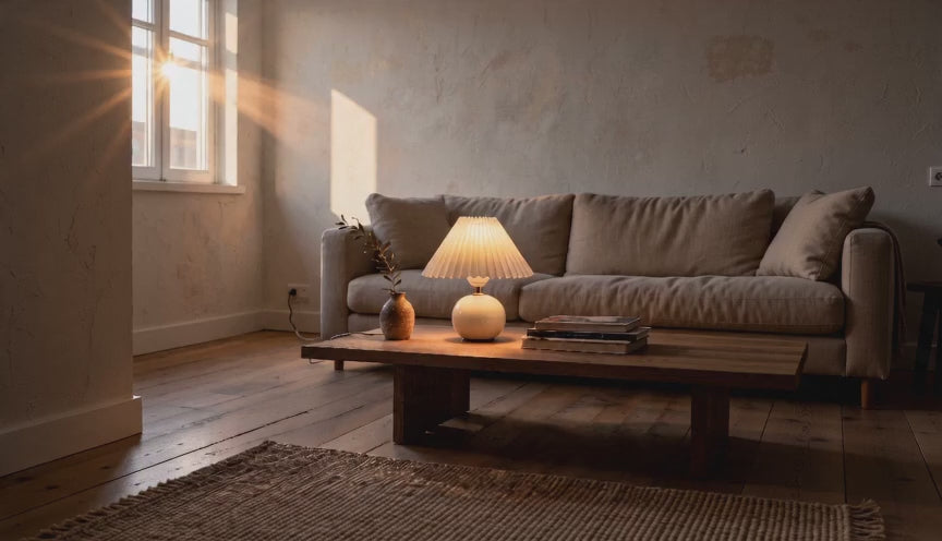 Cinematic video of a pleated shade ceramic table lamp glowing on a wooden coffee table in a sunlit living room.