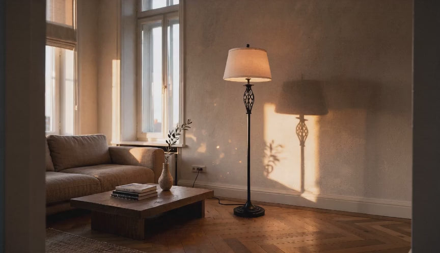 Cinematic video of a black metal floor lamp with twisted cage column and white drum shade casting warm shadows in a sunlit living room.