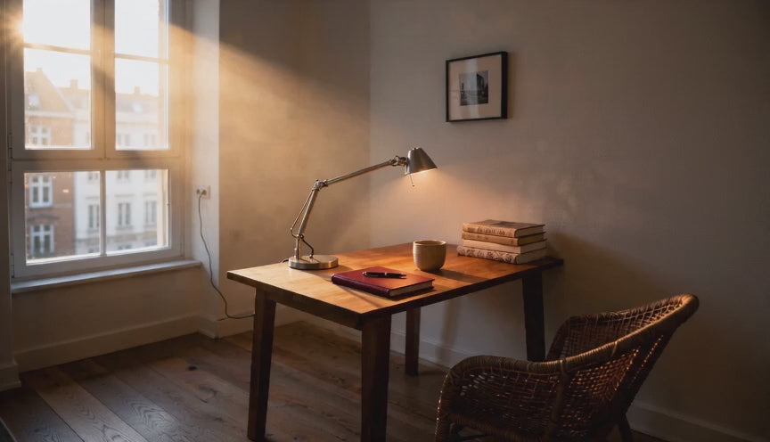 Cinematic video of a silver articulated swing arm desk lamp glowing on a wooden desk by a sunlit window.
