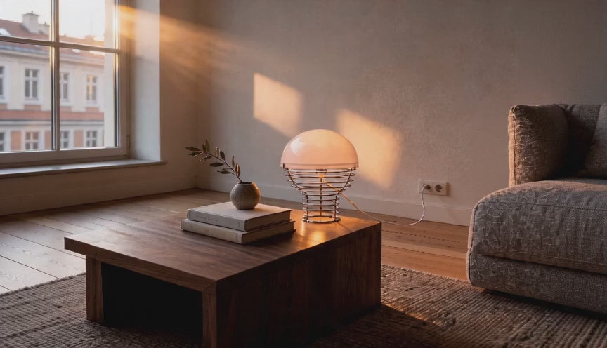 Cinematic video of a dome glass table lamp with chrome wire cage base glowing softly on a wooden coffee table in a sunlit living room.