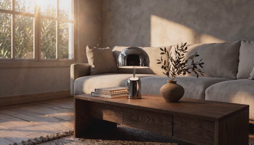 Cinematic video of a polished chrome mushroom table lamp on a wooden coffee table in a sunlit living room.