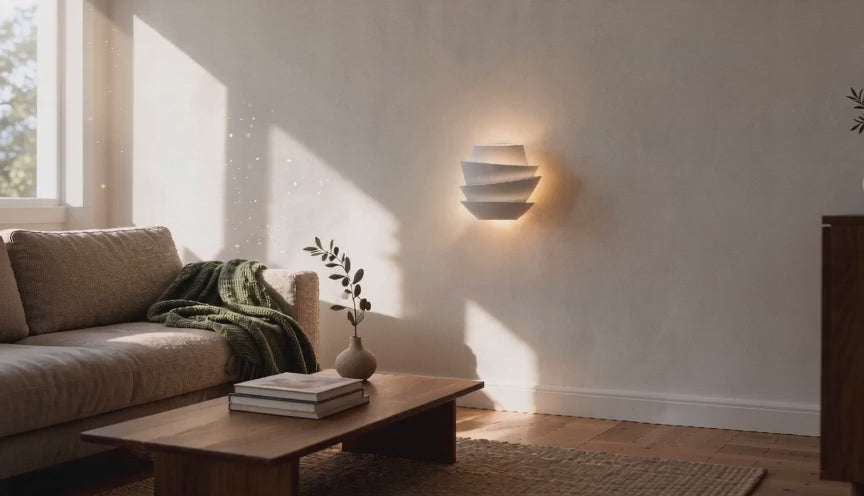 Cinematic video of a tiered matt white petal wall sconce glowing warmly above a sofa in a sunlit living room.