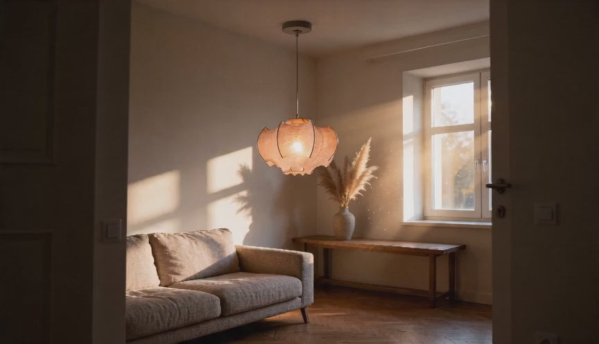Cinematic video of a draped petal cocoon pendant glowing warmly above a linen sofa in a sunlit living room.
