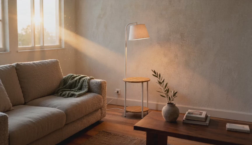 Cinematic video of a white-shade floor lamp with bamboo side-table shelves beside a sofa in a sunlit living room.