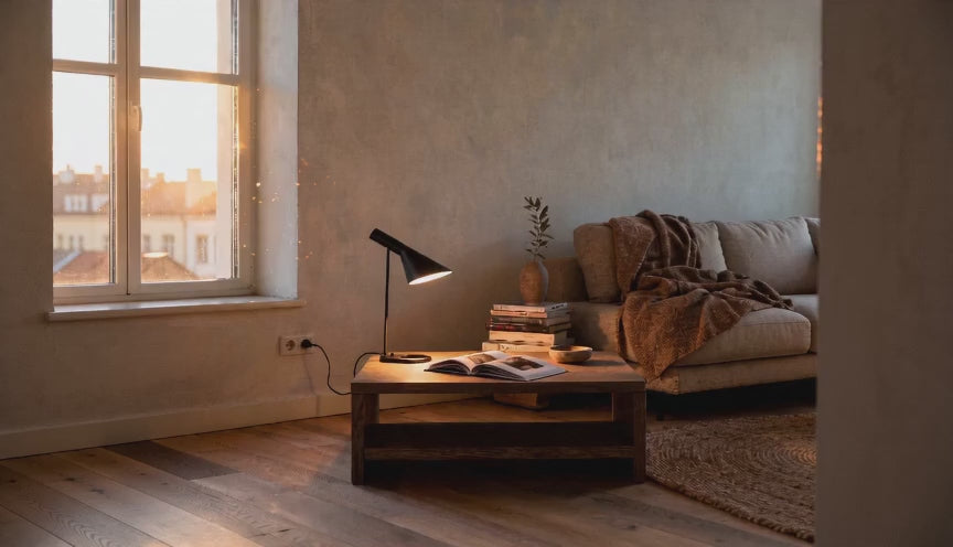 Cinematic video of a matte black angled cone table lamp lighting an open book on a wooden coffee table at golden hour.