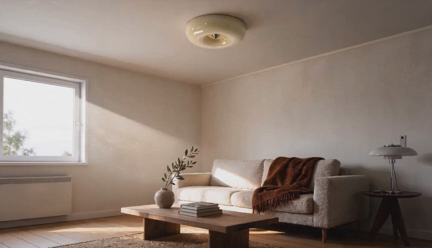 Cinematic video of a cream opal glass flush mount ceiling light glowing softly above a neutral-toned living room with sofa and coffee table.