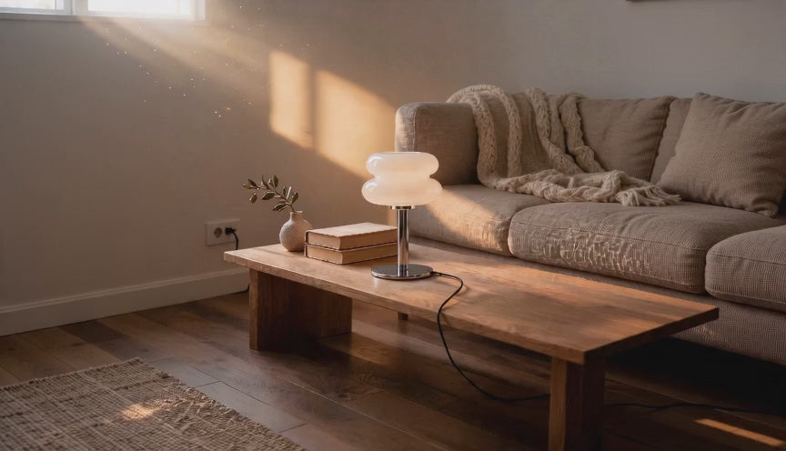 Cinematic video of a two-tier opal glass table lamp on a wooden coffee table in a sunlit living room.