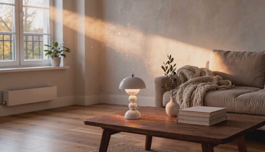 Cinematic video of a white mushroom dome table lamp glowing softly on a wooden coffee table beside a linen sofa in sunlit living room.