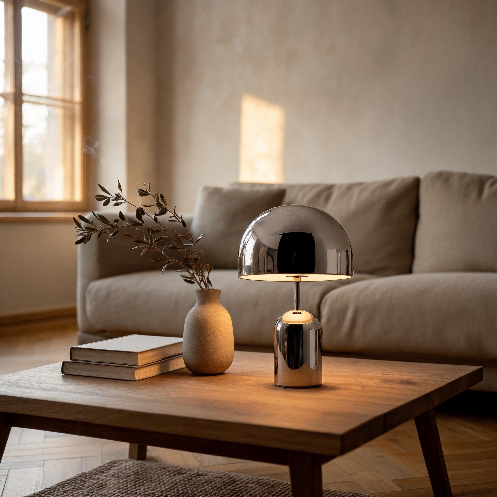 Chrome dome lamp lit on a wooden coffee table beside a ceramic vase and books, sunlit living room with linen sofa