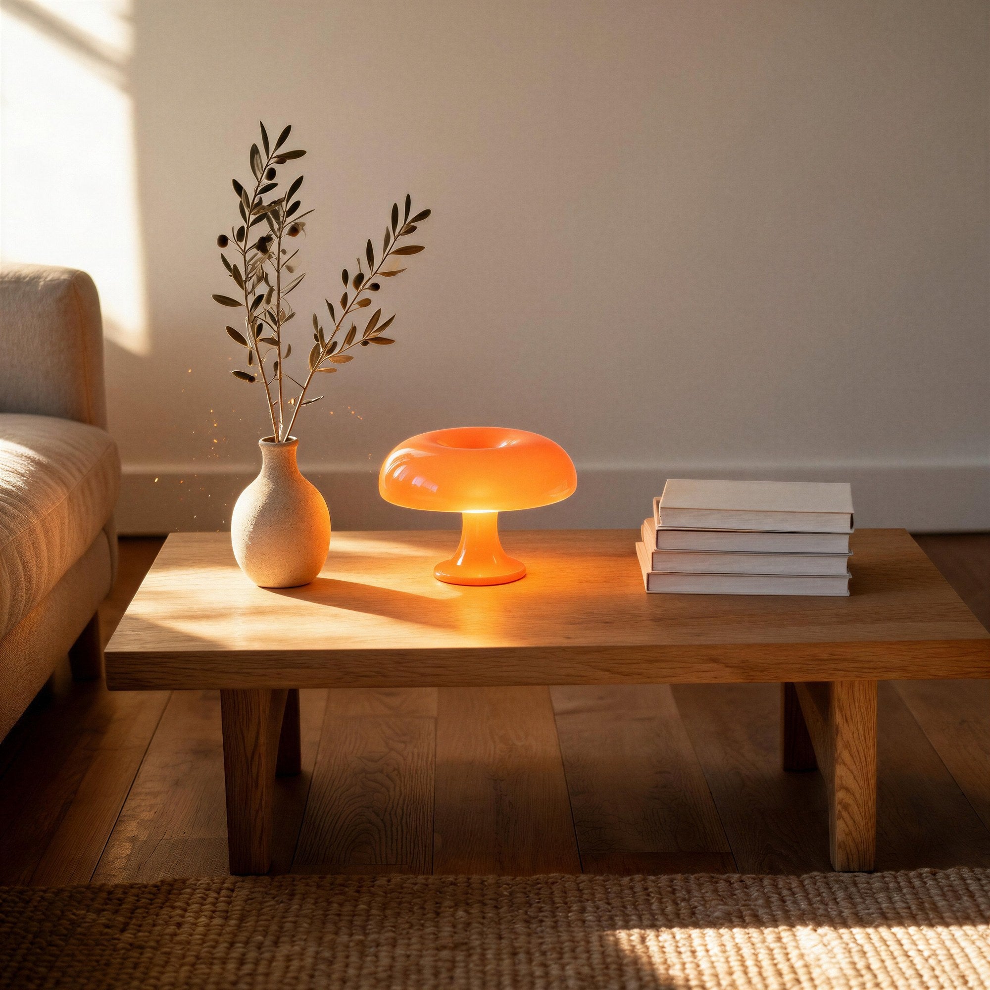 Lit orange mushroom table lamp on an oak coffee table beside a stoneware vase of olive branches and a stack of books in a sunlit living room.