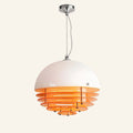 White glass dome pendant lamp with stacked translucent orange acrylic rings tapering downward, chrome ceiling mount and suspension cable on cream background.
