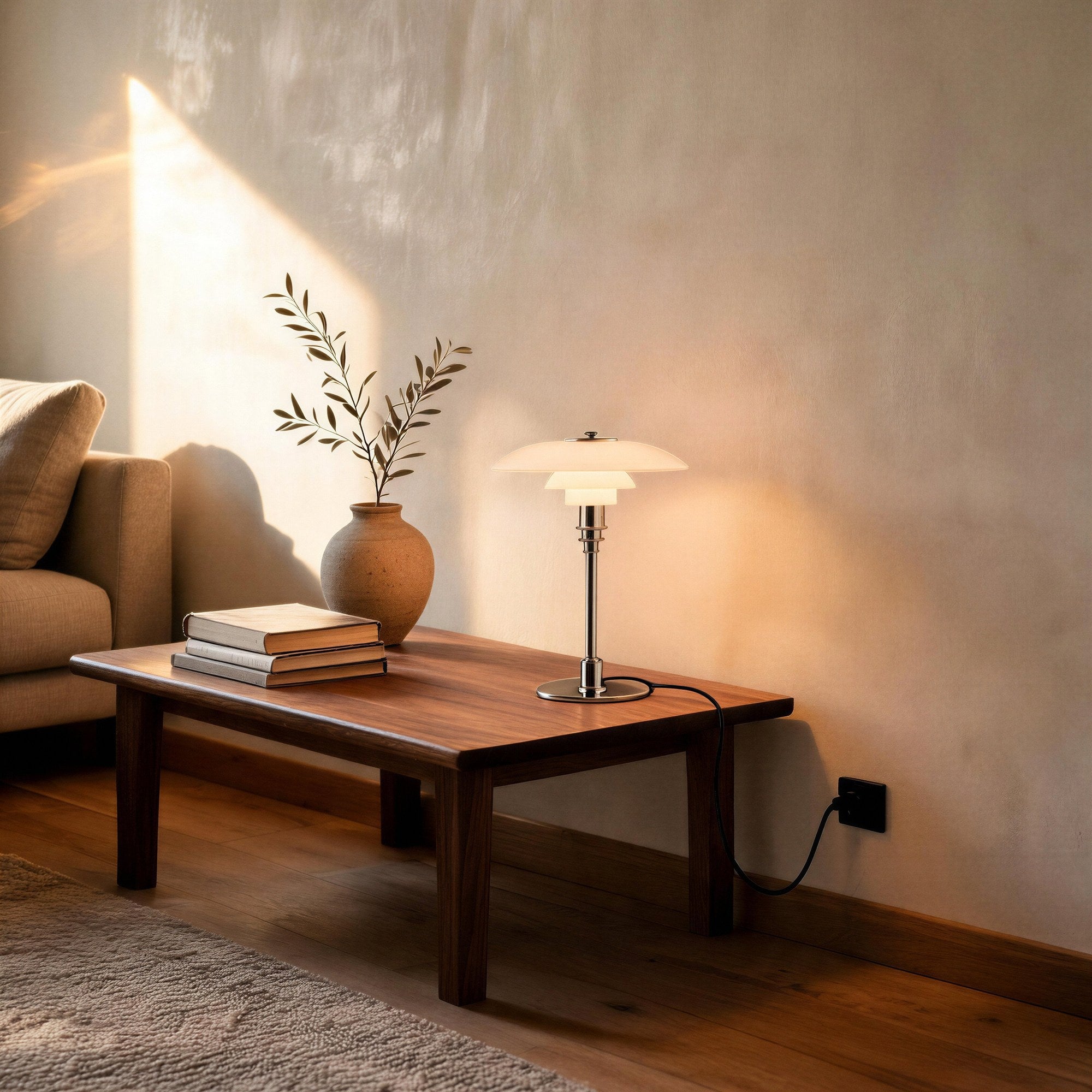 Lit opal glass lamp on a walnut coffee table beside stacked books and an olive branch in a clay vase, warm sunlit living room.