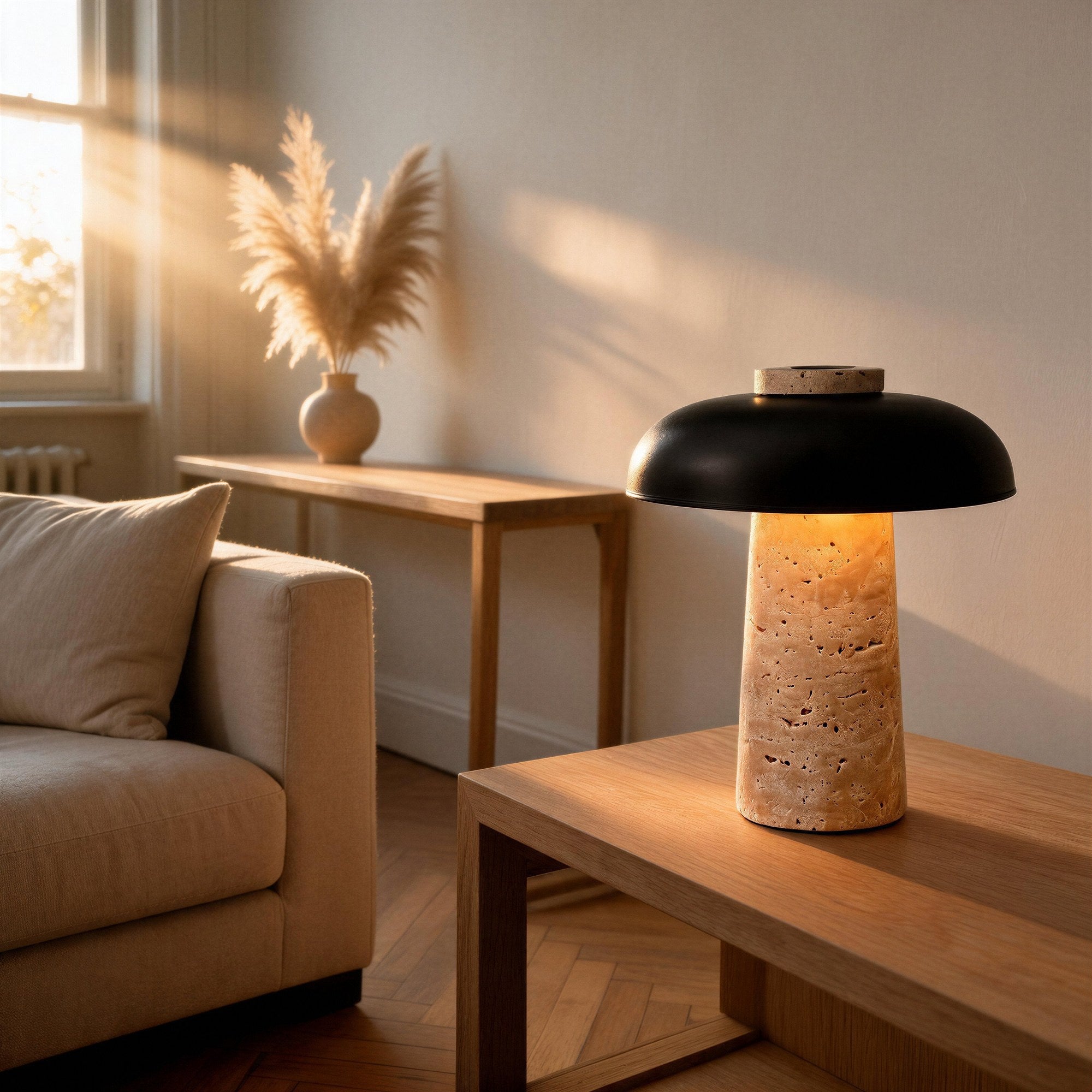 Travertine mushroom lamp lit on an oak coffee table beside a linen sofa, pampas grass on a console in sunlit living room